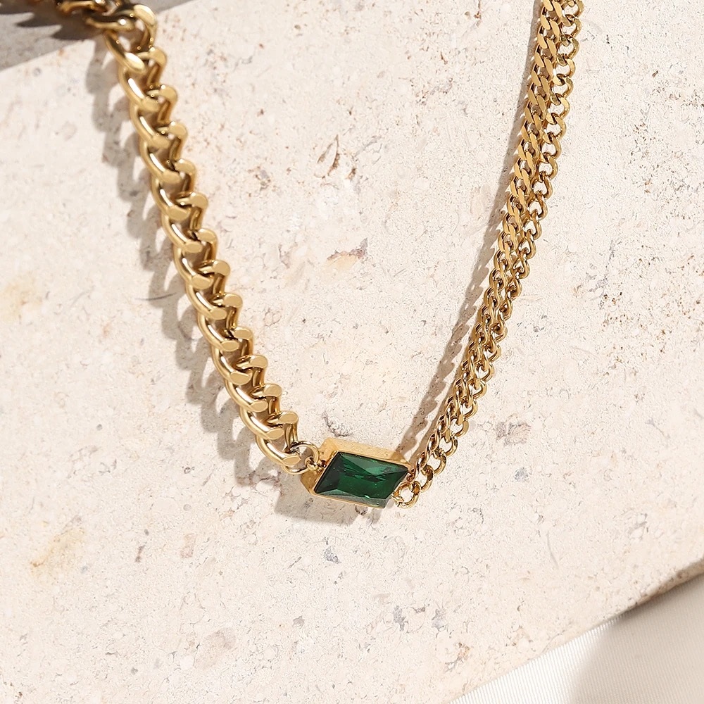 Retro Simple Temperament Emrald Titanium Steel Gold Color Cuban Necklace